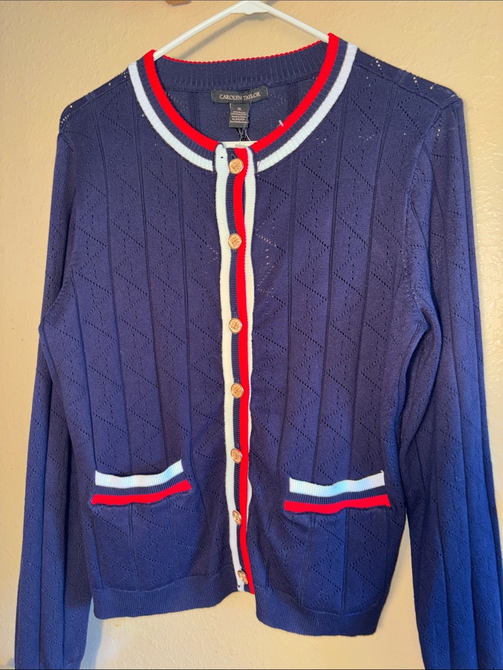 NWT navy blue knit cardigan sweater by Carolyn Taylor featuring red and white st